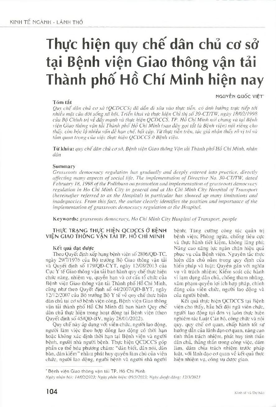 Thực hiện quy chế dân chủ cơ sở tại Bệnh viện Giao thông vận tải Thành phố Hồ Chí Minh hiện nay