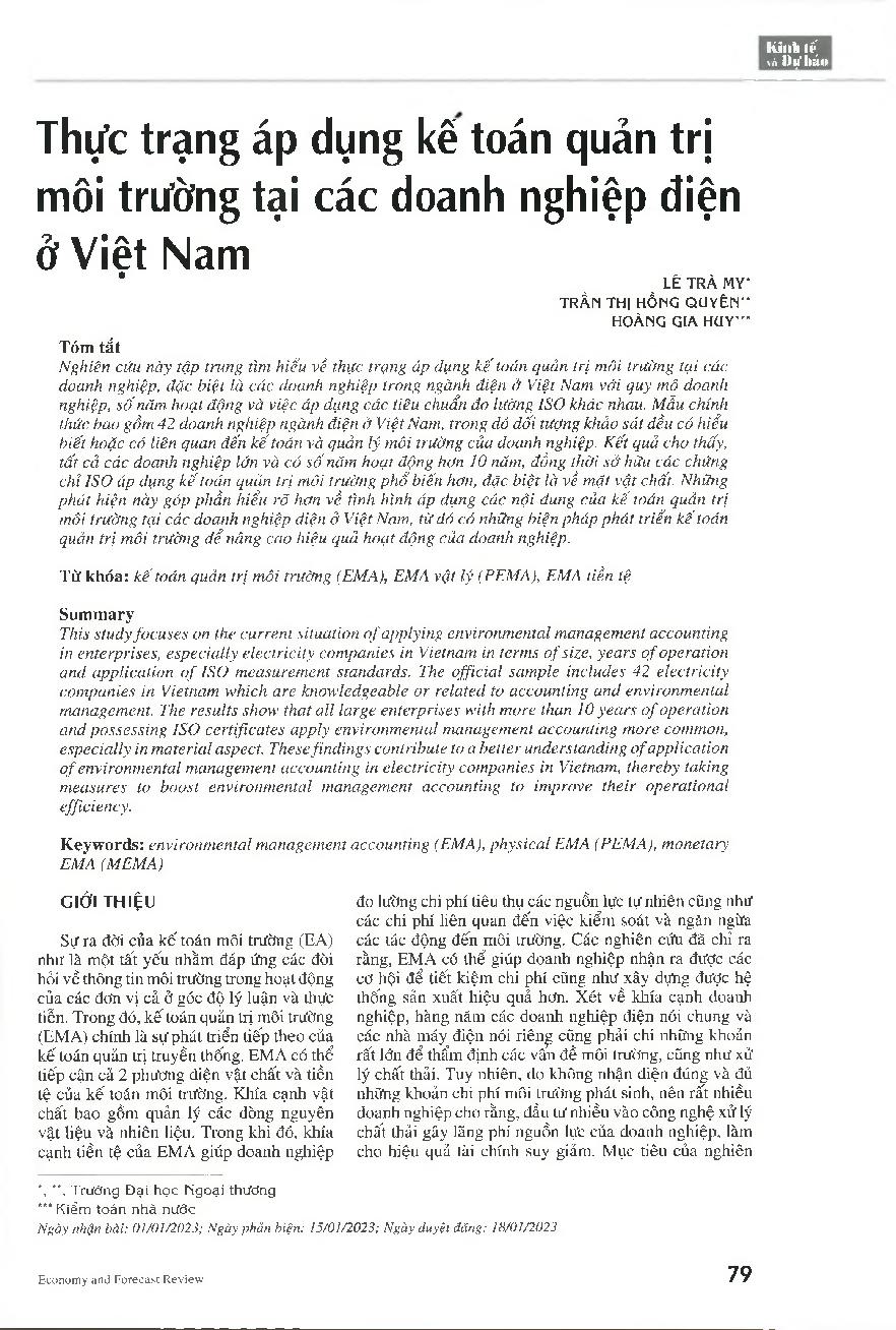 Thực trạng áp dụng kế toán quản trị môi trường tại các doanh nghiệp điện ở Việt Nam = Reality of applying environmental management accounting in electricity companies in Vietnam