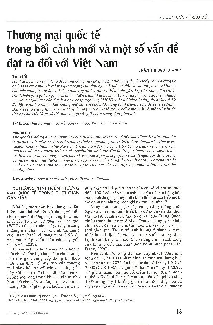 Thương mại quốc tế trong bối cảnh mới và một số vấn đề đặt ra đối với Việt Nam = International trade in the new context and some problems for Vietnam