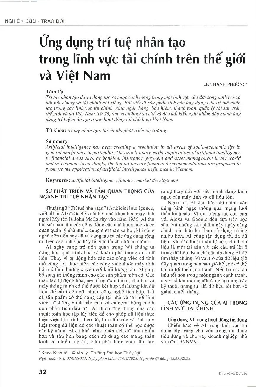 Ứng dụng trí tuệ nhân tạo trong lĩnh vực tài chính trên thế giới và Việt Nam = Application of artificial intelligence in finance in the world and in Vietnam