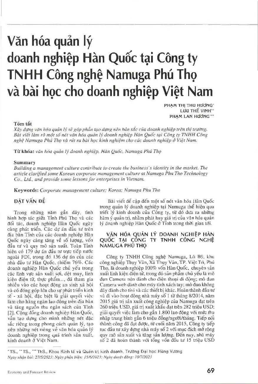 Văn hóa quản lý doanh nghiệp Hàn Quốc tại Công ty TNHH Công nghệ Namuga Phú Thọ và bài học cho doanh nghiệp Việt Nam