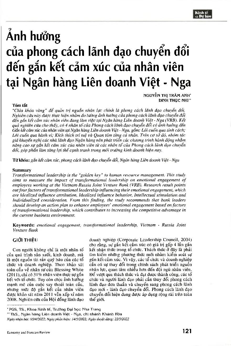 Ảnh hưởng của phong cách lãnh đạo chuyển đổi đến gắn kết cảm xúc của nhân viên tại Ngân hàng Liên doanh Việt - Nga = Influence of transformational leadership style on emotional engagement of VRB’s employees