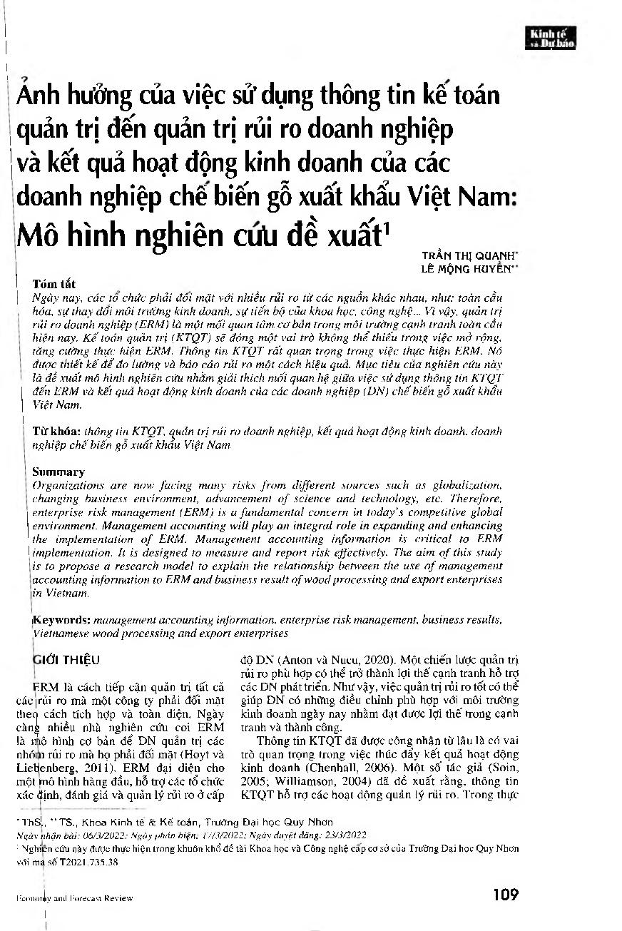 Ảnh hưởng của việc sử dụng thông tin kế toán quản trị đến quản trị rủi ro doanh nghiệp và kết quả hoạt động kinh doanh của các doanh nghiệp chế biến gỗ xuất khẩu Việt Nam: Mô hình nghiên cứu đề xuất = A proposed research model of the effects of using mana