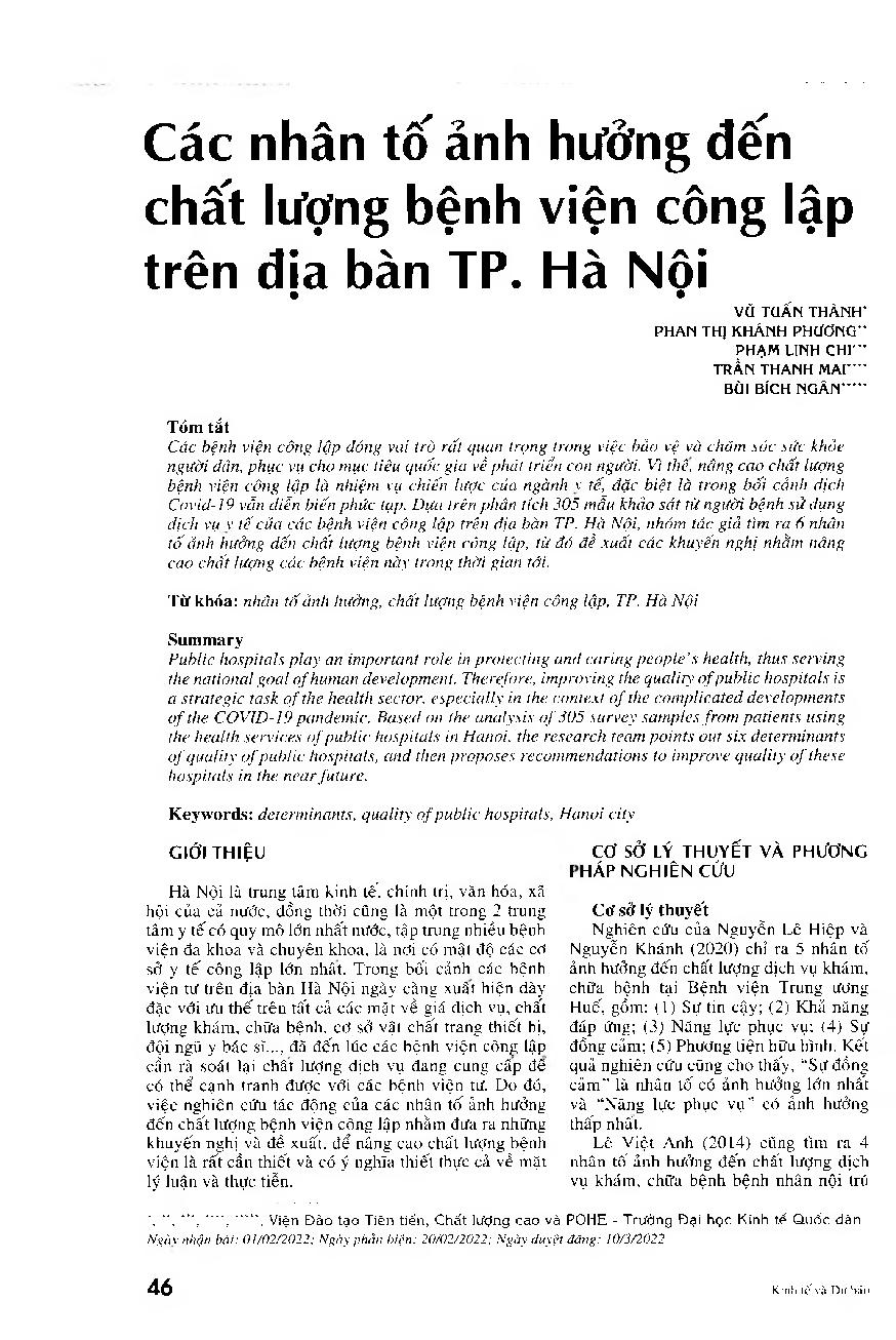 Các nhân tố ảnh hưởng đến chất lượng bệnh viện công lập trên địa bàn TP. Hà Nội = Factors affecting the quality of public hospitals in Hanoi