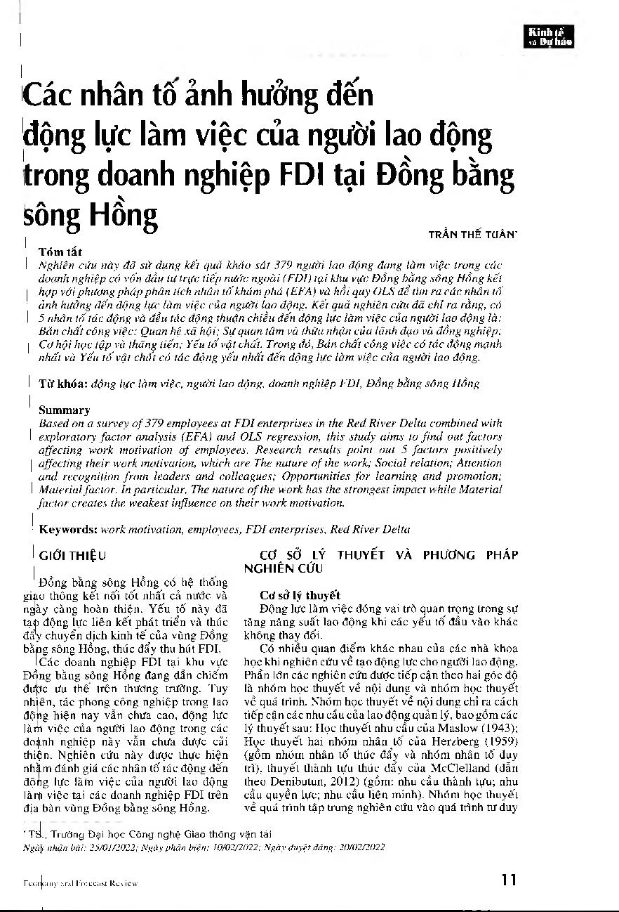 Các nhân tố ảnh hưởng đến động lực làm việc của người lao động trong doanh nghiệp FDI tại Đồng bằng sông Hồng = Factors impacting work motivation of employees at FDl enterprises in the Red River Delta