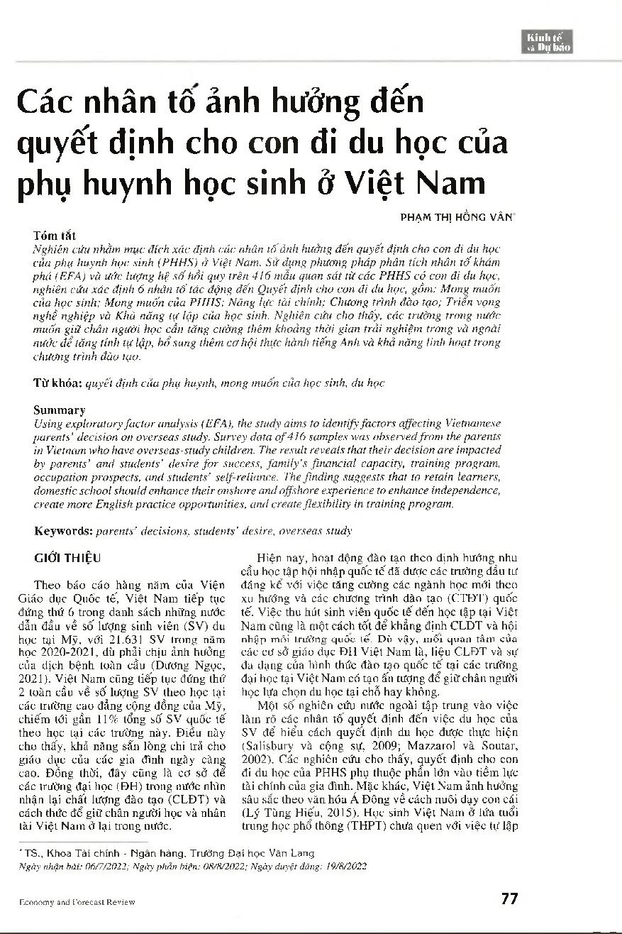 Các nhân tố ảnh hưởng đến quyết định cho con đi du học của phụ huynh học sinh ở Việt Nam = Factors affecting the decision of parents to send their children to study abroad - A case study in Vietnam