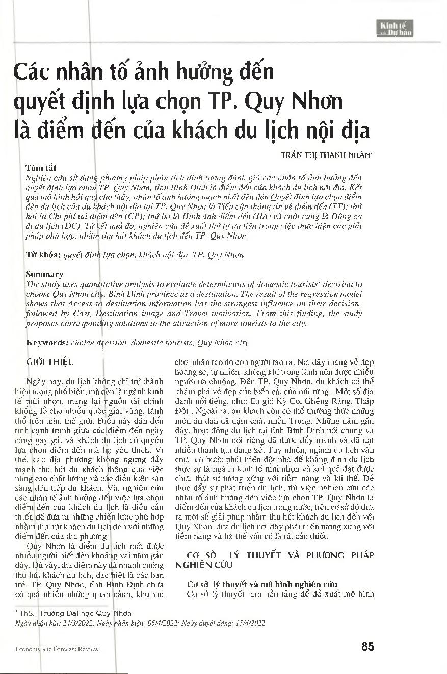 Các nhân tố ảnh hưởng đến quyết định lựa chọn TP. Quy Nhơn là điểm đến của khách du lịch nội địa = Factors affecting domestic tourists’ decision to choose Quy Nhon city as a destination