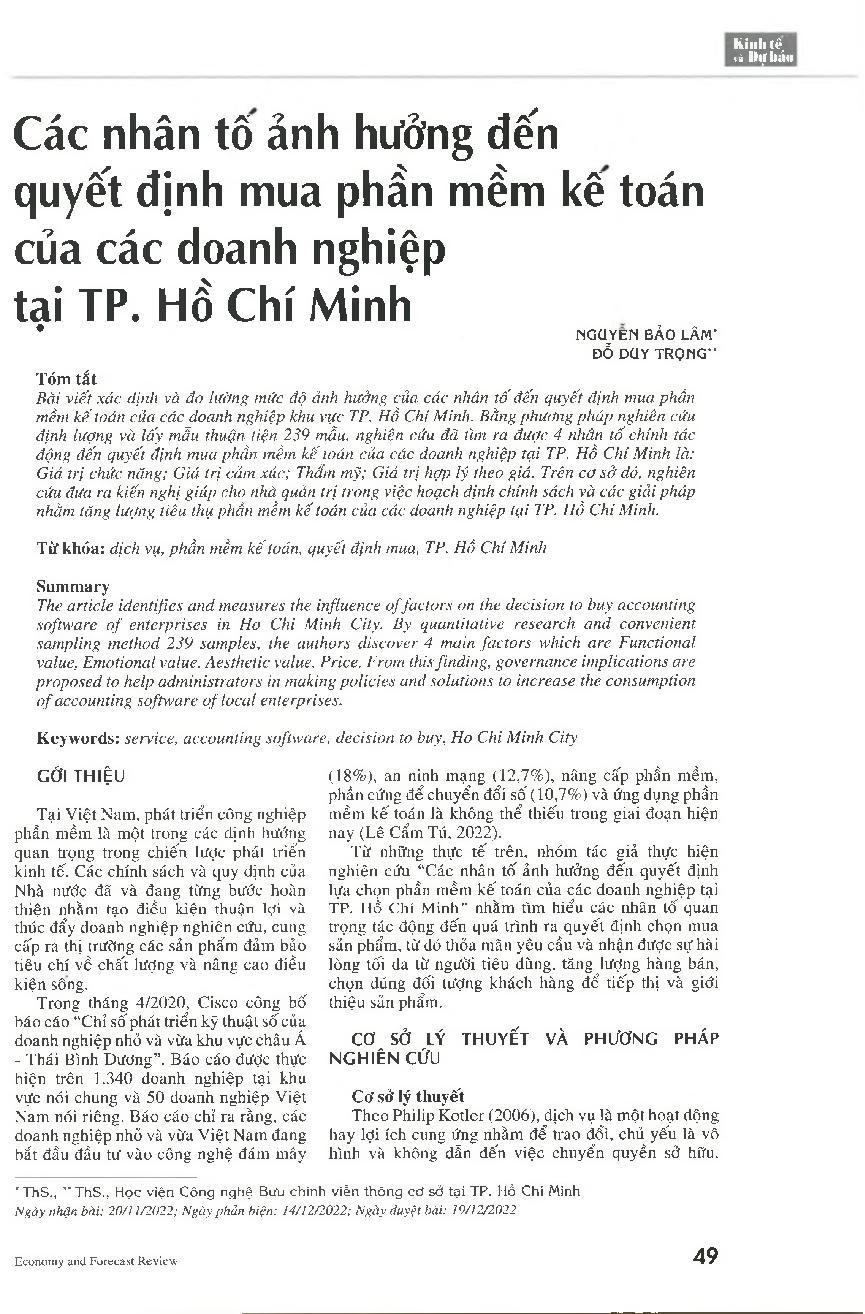 Các nhân tố ảnh hưởng đến quyết định mua phần mềm kế toán của các doanh nghiệp tại TP. Hồ Chí Minh = Factors influencing the decision to buy accounting software of enterprises in Ho Chi Minh City