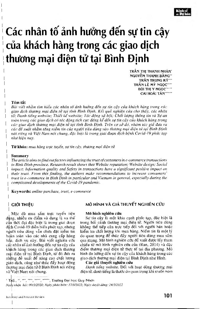 Các nhân tố ảnh hưởng đến sự tin cậy của khách hàng trong các giao dịch thương mại điện tử tại Bình Định = Factors affecting customers&#39; trust in e-commerce transactions in Binh Dinh