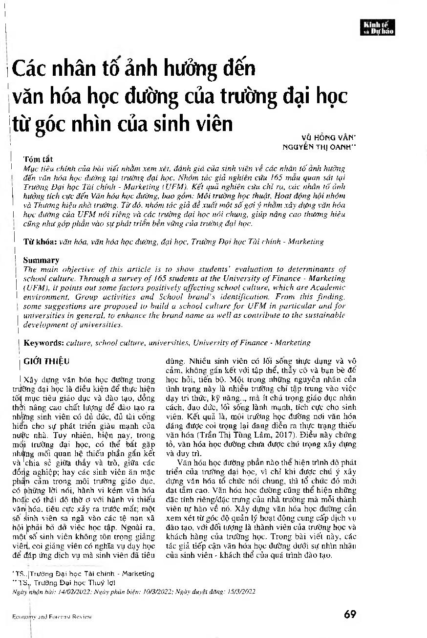 Các nhân tố ảnh hưởng đến văn hóa học đường của trường đại học từ góc nhìn của sinh viên = Determinants of school culture from students' perspective