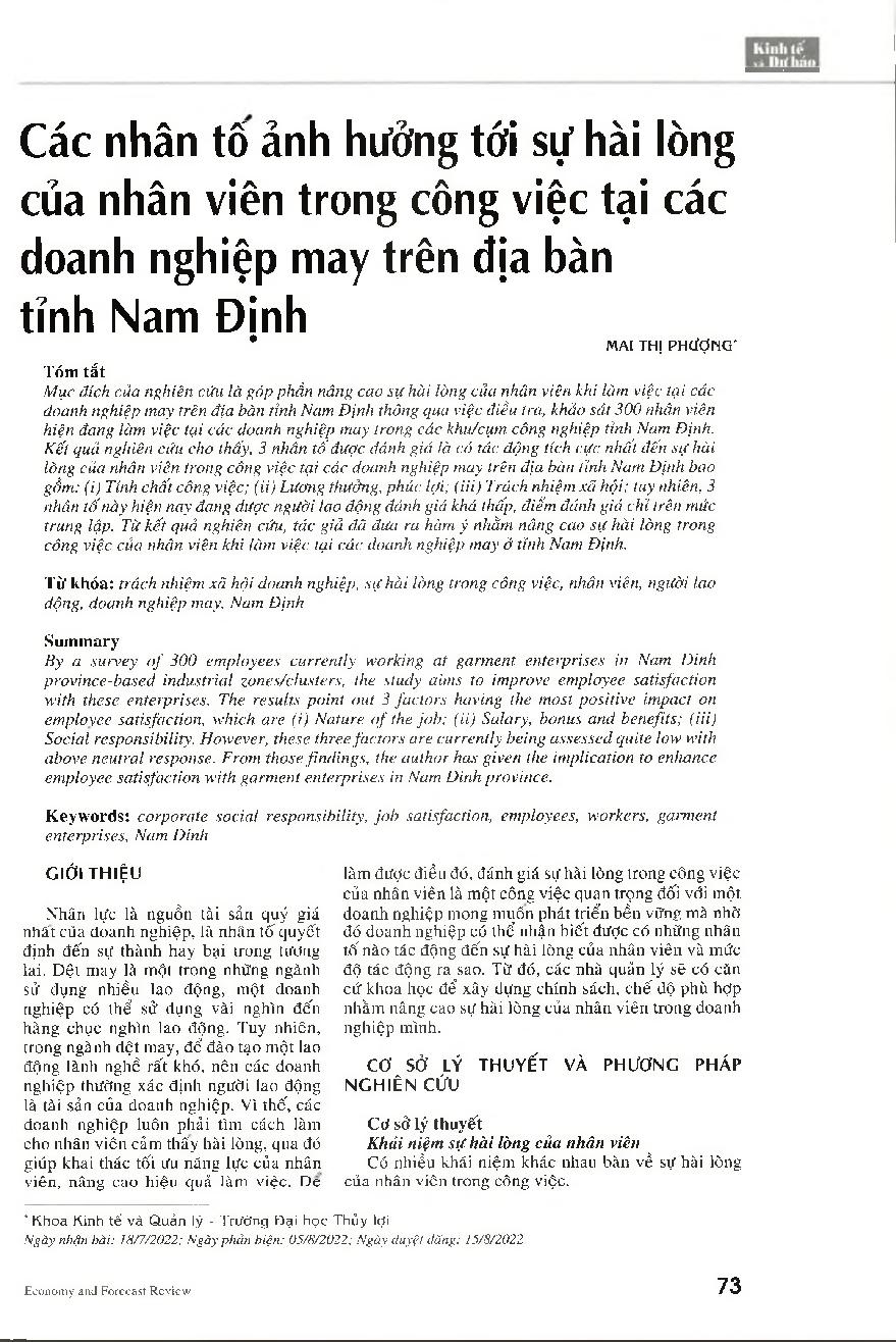 Các nhân tố ảnh hưởng tới sự hài lòng của nhân viên trong công việc tại các doanh nghiệp may trên địa bàn tỉnh Nam Định = Determinants of employee satisfaction at garment enterprises in Nam Dinh province