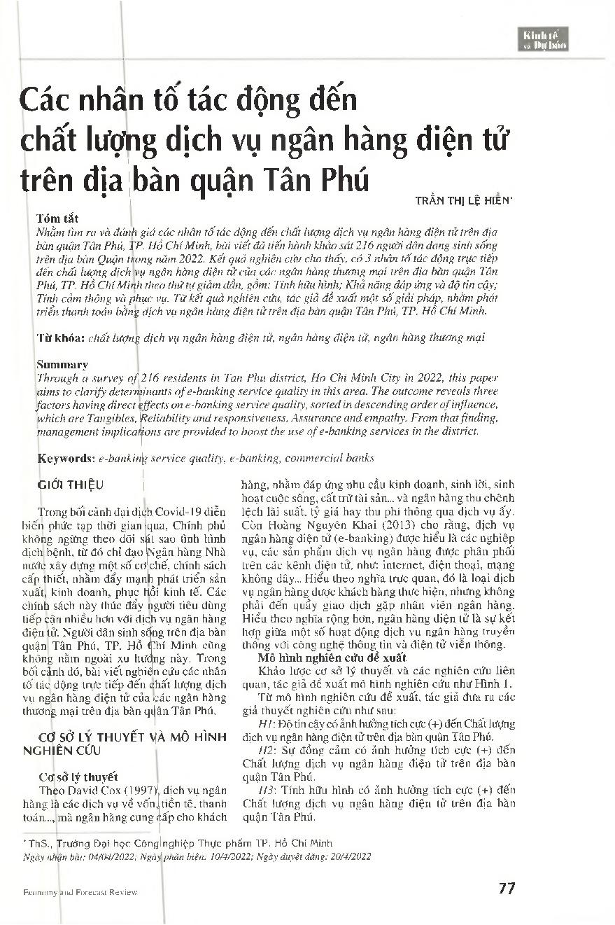 Các nhân tố tác động đến chất lượng dịch vụ ngân hàng điện tử trên địa bàn quận Tân Phú = Determinants of e-banking service quality in Tan Phu district