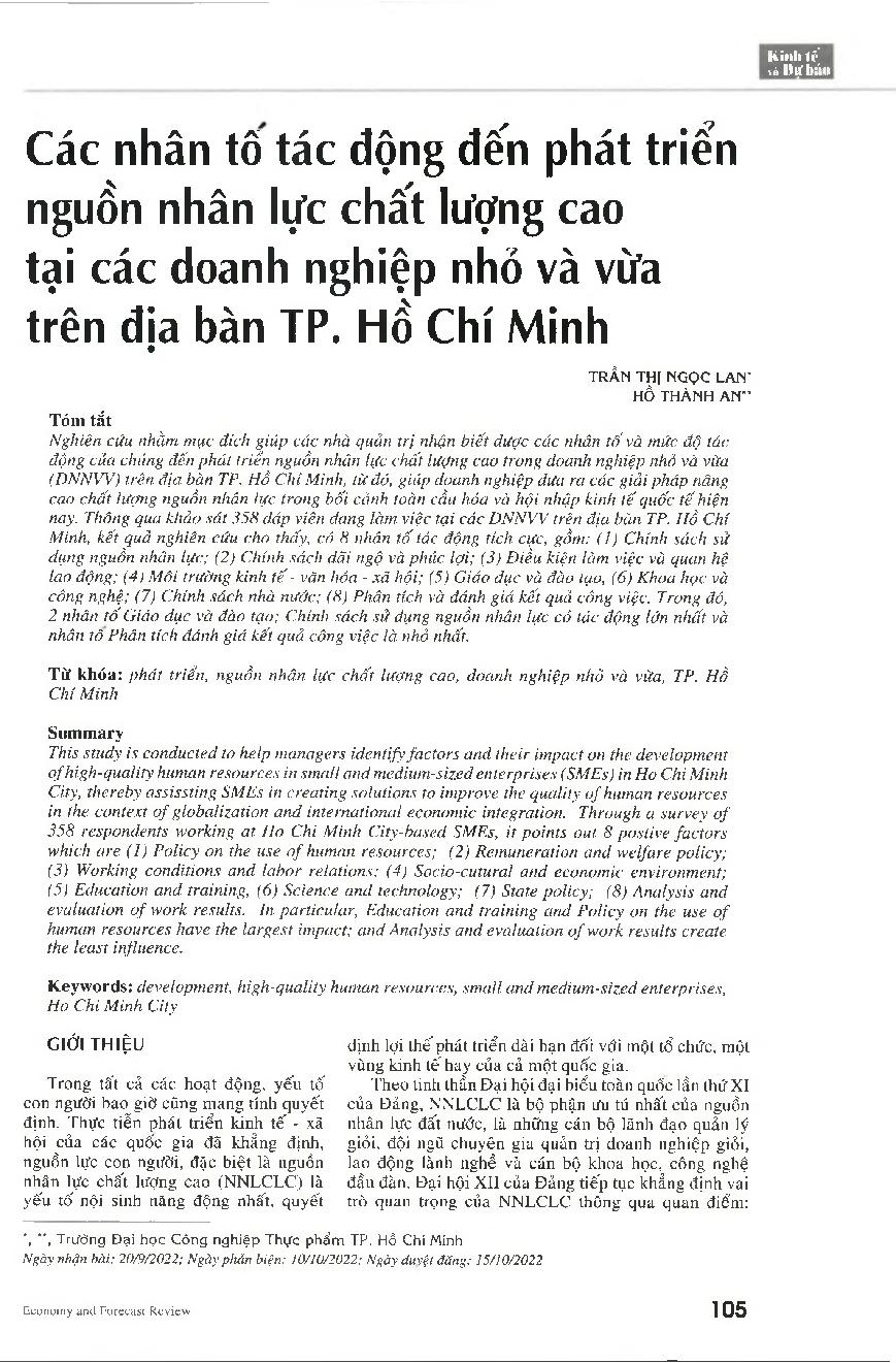Các nhân tố tác động đến phát triển nguồn nhân lực chất lượng cao tại các doanh nghiệp nhỏ và vừa trên địa bàn TP. Hồ Chí Minh = Factors affecting the development of high-quality human resources in small and medium-sized enterprises in Ho Chi Minh City
