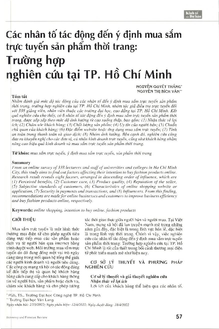 Các nhân tố tác động đến ý định mua sắm trực tuyến sản phẩm thời trang: Trường hợp nghiên cứu tại TP. Hồ Chí Minh = Factors affecting the intention to buy fashion products online: A case study in Ho Chi Minh City