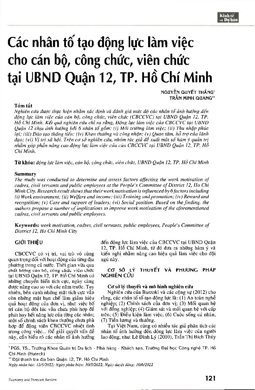 Các nhân tố tạo động lực làm việc cho cán bộ công chức, viên chức tại UBND Quận 12, TP. Hồ Chí Minh = Factors affecting the work motivation of cadres, civil servants and public employees at the People’s Committee of District 12, Ho Chi Minh City