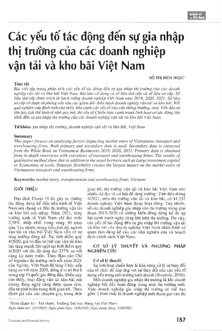 Các yếu tố tác động đến sự gia nhập thị trường của các doanh nghiệp vận tải và kho bãi Việt Nam = Factors influencing the market entry of Vietnamese transport and warehousing firms