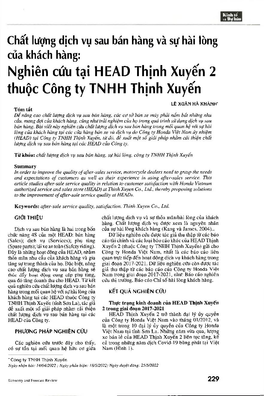 Chất lượng dịch vụ sau bán hàng và sự hài lòng của khách hàng: Nghiên cứu tại HEAD Thịnh Xuyến 2 thuộc Công ty TNHH Thịnh Xuyến = After-sales service quality and customer satisfaction: The case study of HEAD Thinh Xuyen 2 of Thinh Xuyen Co., Ltd