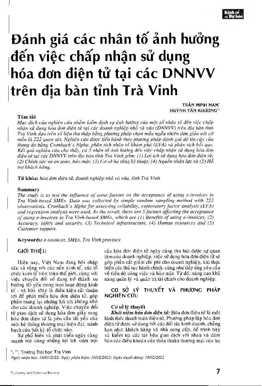 Đánh giá các nhân tố ảnh hưởng đến việc chấp nhận sử dụng hóa đơn điện tử tại các DNNVV trên địa bàn tỉnh Trà Vinh = Evaluation of factors affecting the acceptance of using e-invoices at SMEs in Tra Vinh province