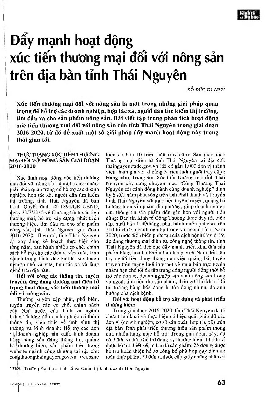 Đẩy mạnh hoạt động xúc tiến thương mại đối vơi nông sản trên địa bàn tỉnh Thái Nguyên