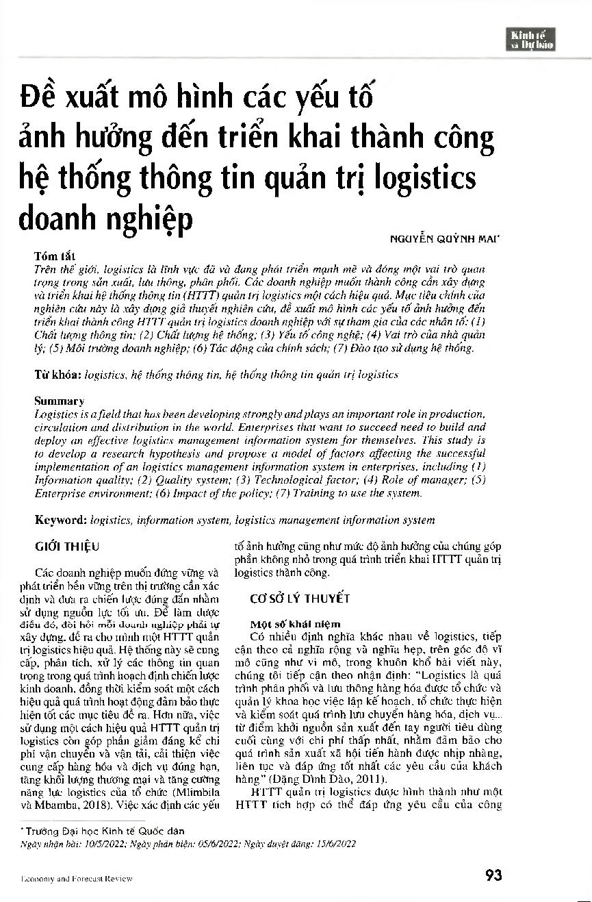 Đề xuất mô hình các yếu tố ảnh hưởng đến triển khai thành công hệ thống thông tin quản trị logistics doanh nghiệp = Proposing a model of factors affecting the successful implementation of an logistics management information system in enterprises