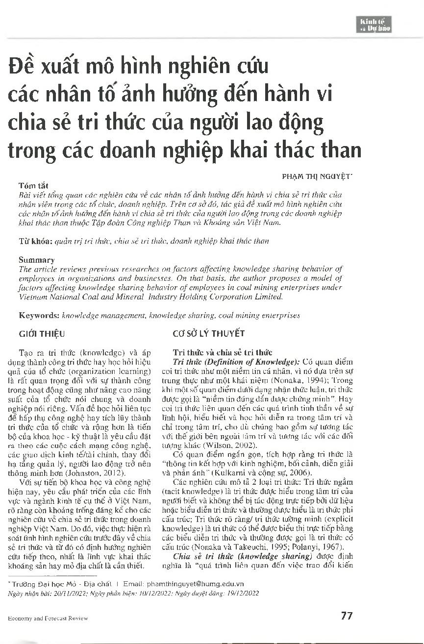 Đề xuất mô hình nghiên cứu các nhân tố ảnh hưởng đến hành vi chia sẻ tri thức của người lao động trong các doanh nghiệp khai thác than = Proposing a research model of factors affecting knowledge sharing behavior of employees in coal mining enterprises