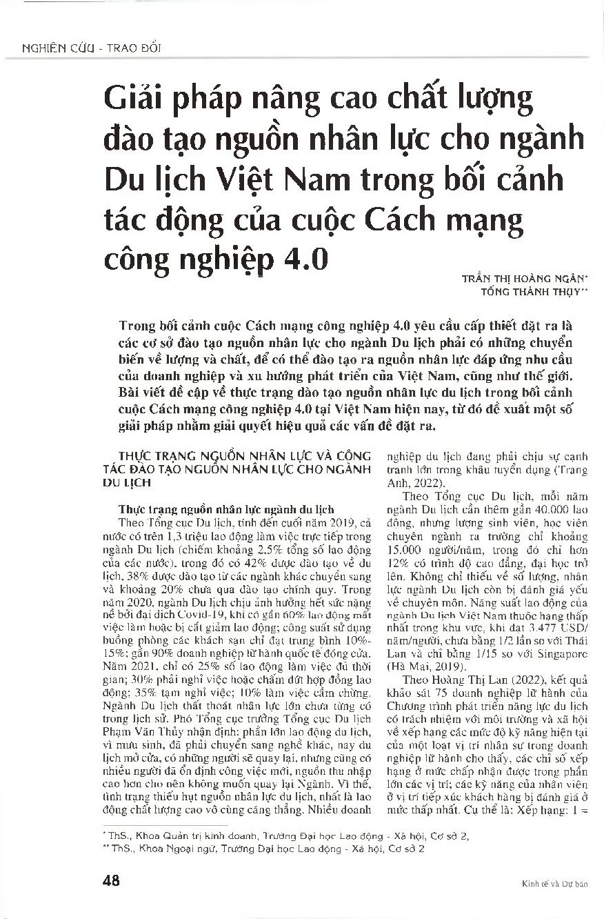 Giải pháp nâng cao chất lượng đào tạo nguồn nhân lực cho ngành Du lịch Việt Nam trong bối cảnh tác động của cuộc Cách mạng công nghiệp 4.0