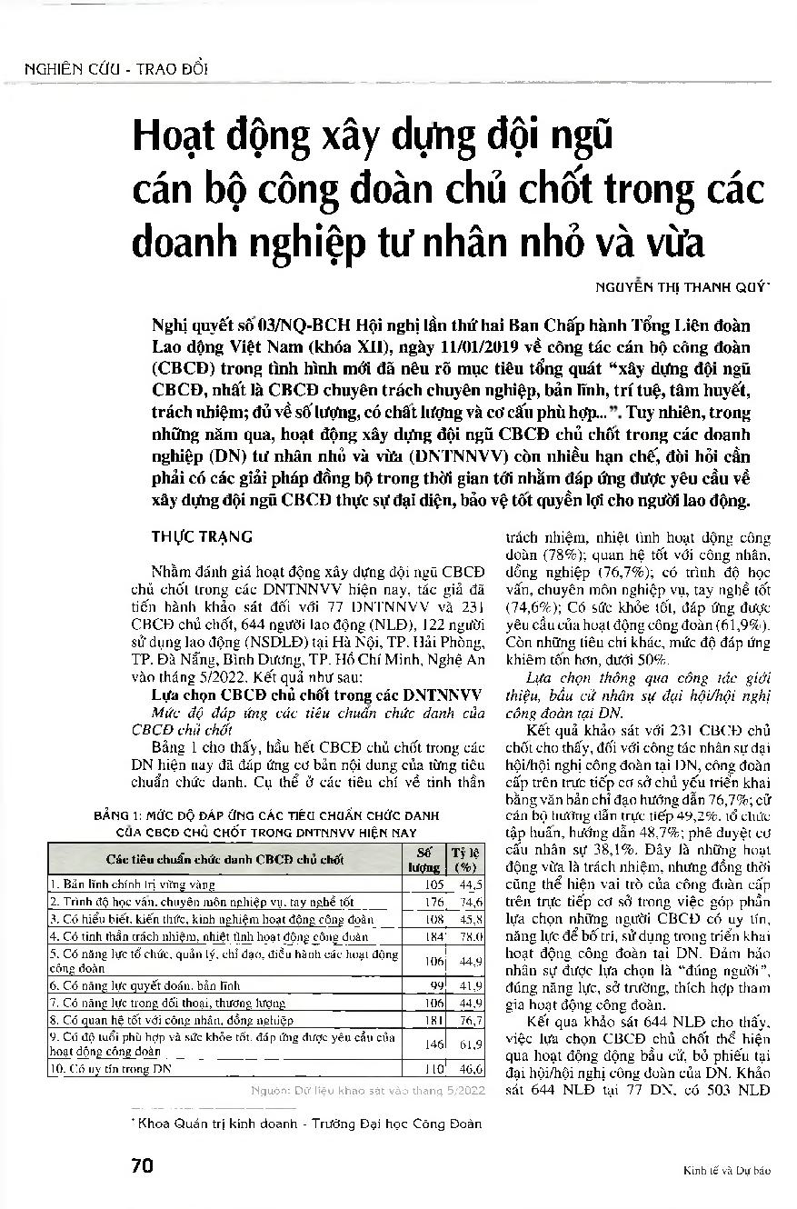 Hoạt động xây dựng đội ngũ cán bộ công đoàn chủ chốt trong các doanh nghiệp tư nhân nhỏ và vừa