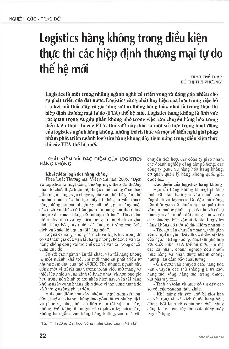 Logistics hàng không trong điều kiện thực thi các hiệp định thương mại tự do thế hệ mới