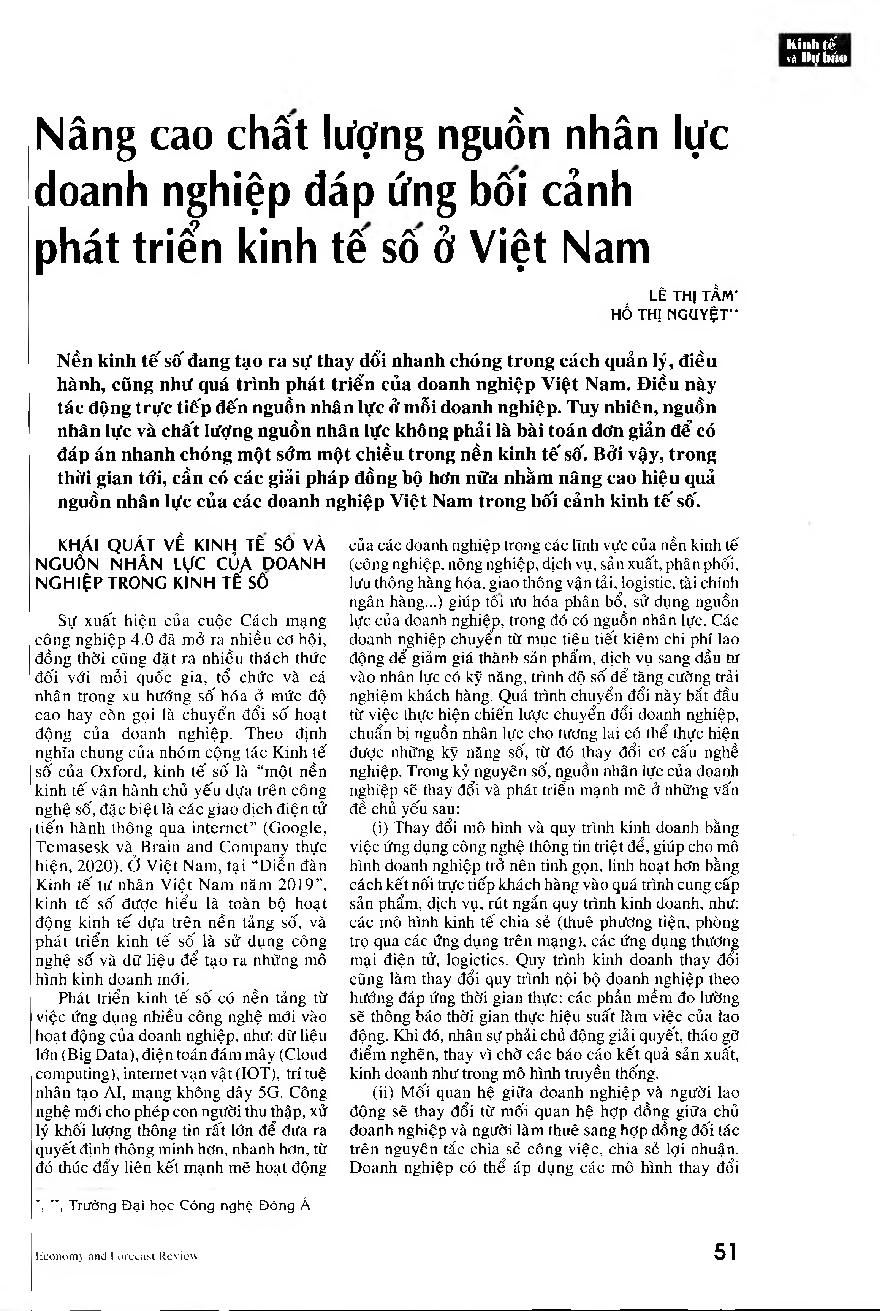 Nâng cao chất lượng nguồn nhân lực doanh nghiệp đáp ứng bối cảnh phát triển kinh tế số ở Việt Nam