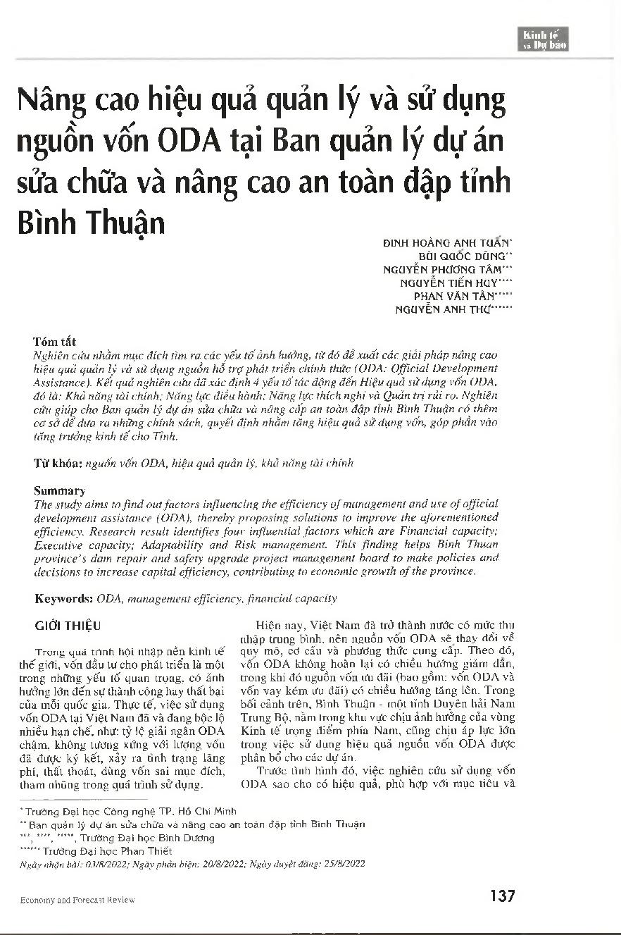 Nâng cao hiệu quả quản lý và sử dụng nguồn vốn ODA tại Ban quản lý dự án sửa chữa và nâng cao an toàn đập tỉnh Bình Thuận = Improving the efficiency of management and use of ODA at Binh Thuan province’s dam repair and safety upgrade project management boa