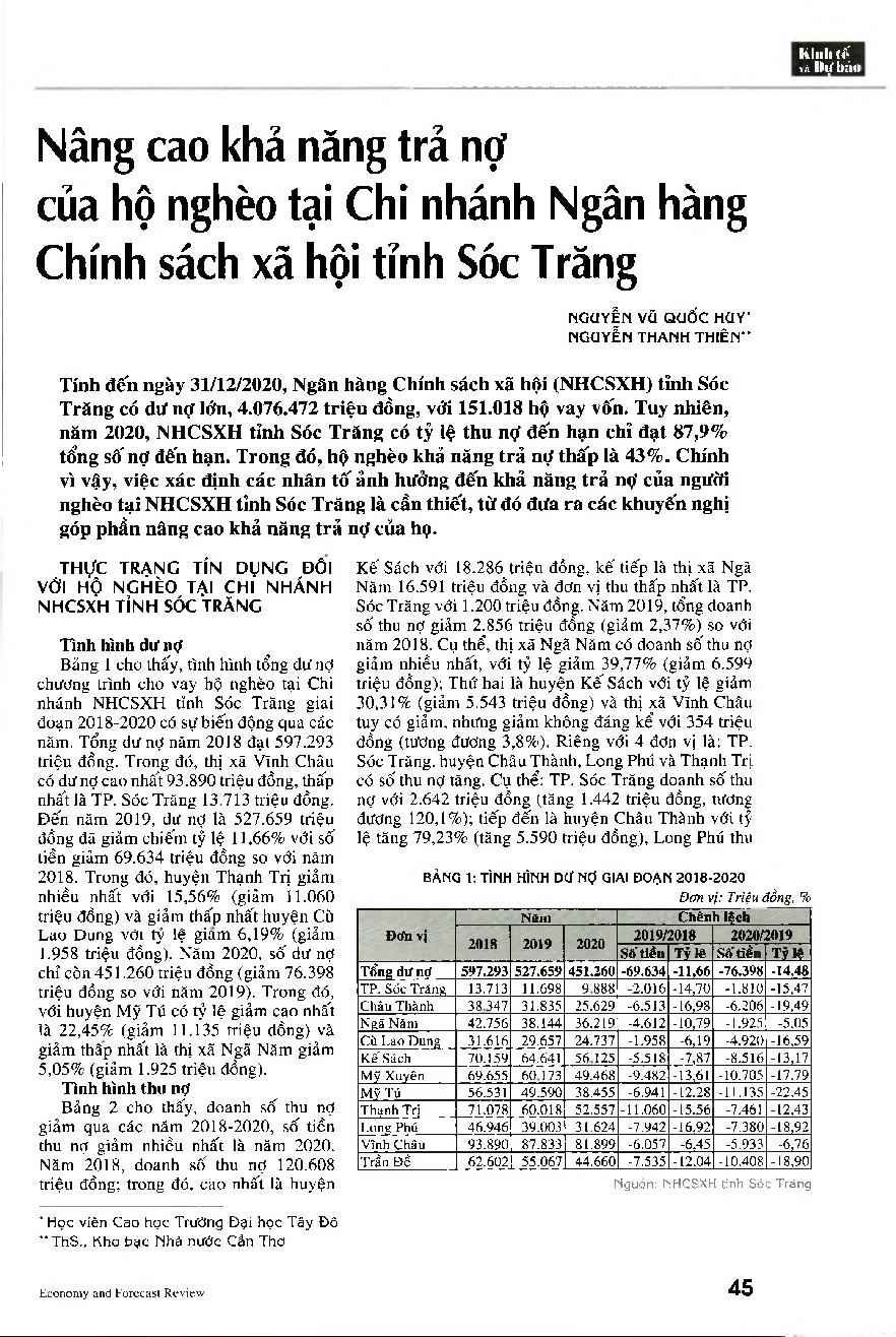 Nâng cao khả năng trả nợ của hộ nghèo tại Chi nhánh Ngân hàng Chính sách xã hội tỉnh Sóc Trăng