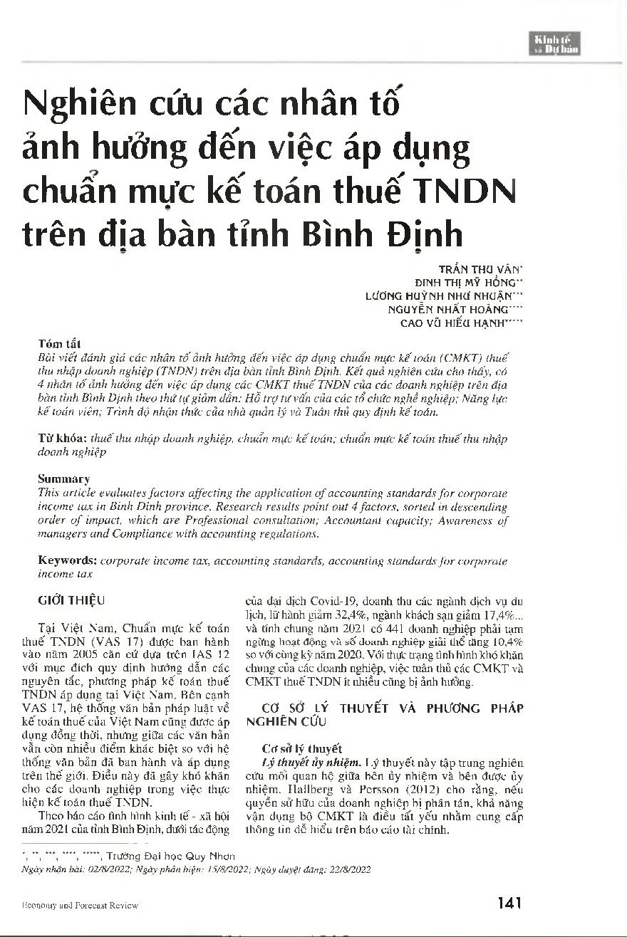 Nghiên cứu các nhân tố ảnh hưởng đến việc áp dụng chuẩn mực kế toán thuế TNDN trên địa bàn tỉnh Bình Định = Research on factors affecting the application of accounting standards for corporate income tax in Binh Dinh province