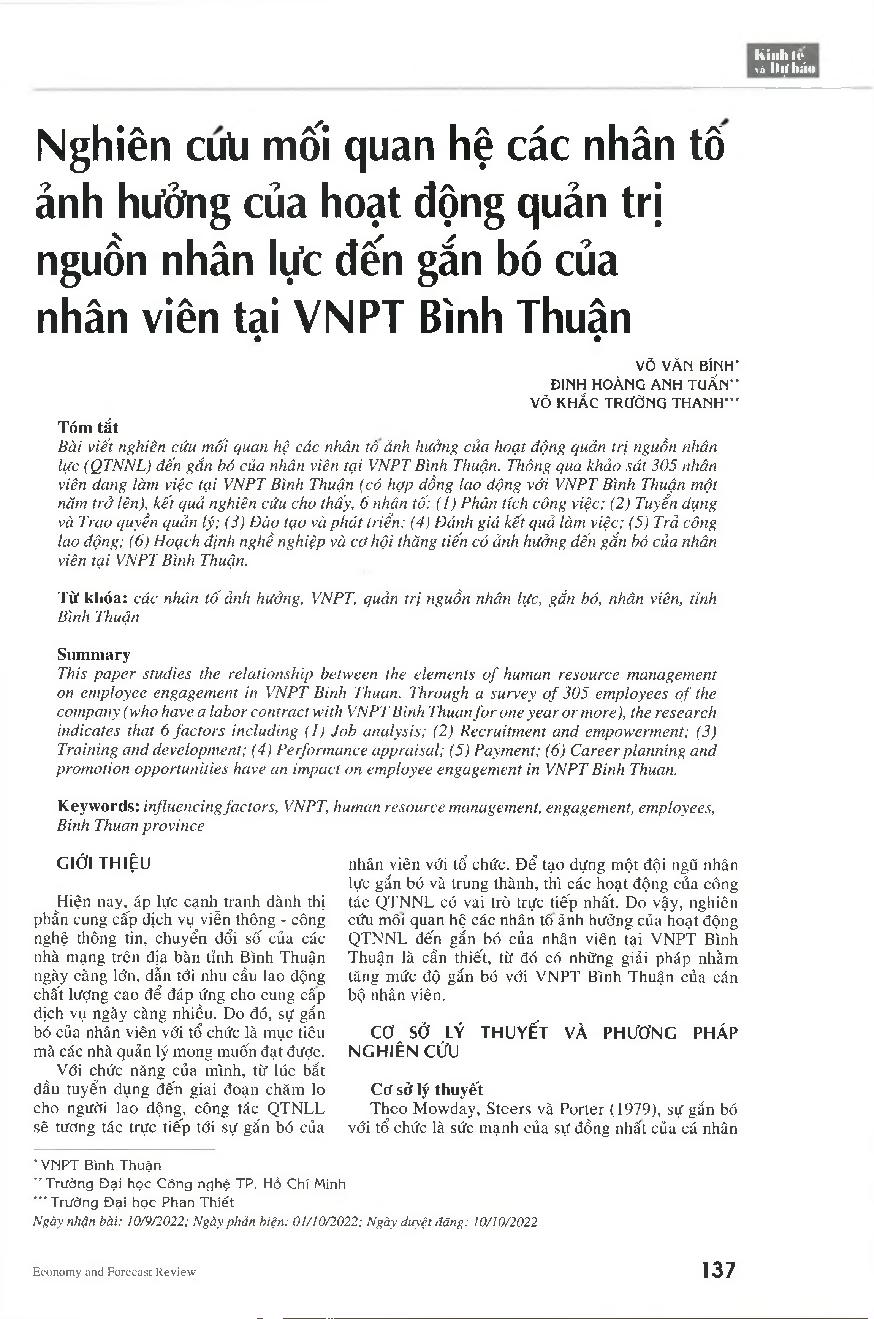 Nghiên cứu mối quan hệ các nhân tố ảnh hưởng của hoạt động quản trị nguồn nhân lực đến gắn bó của nhân viên tại VNPT Bình Thuận = Relationship between elements of human resource management and employee engagement in VNPT Binh Thuan