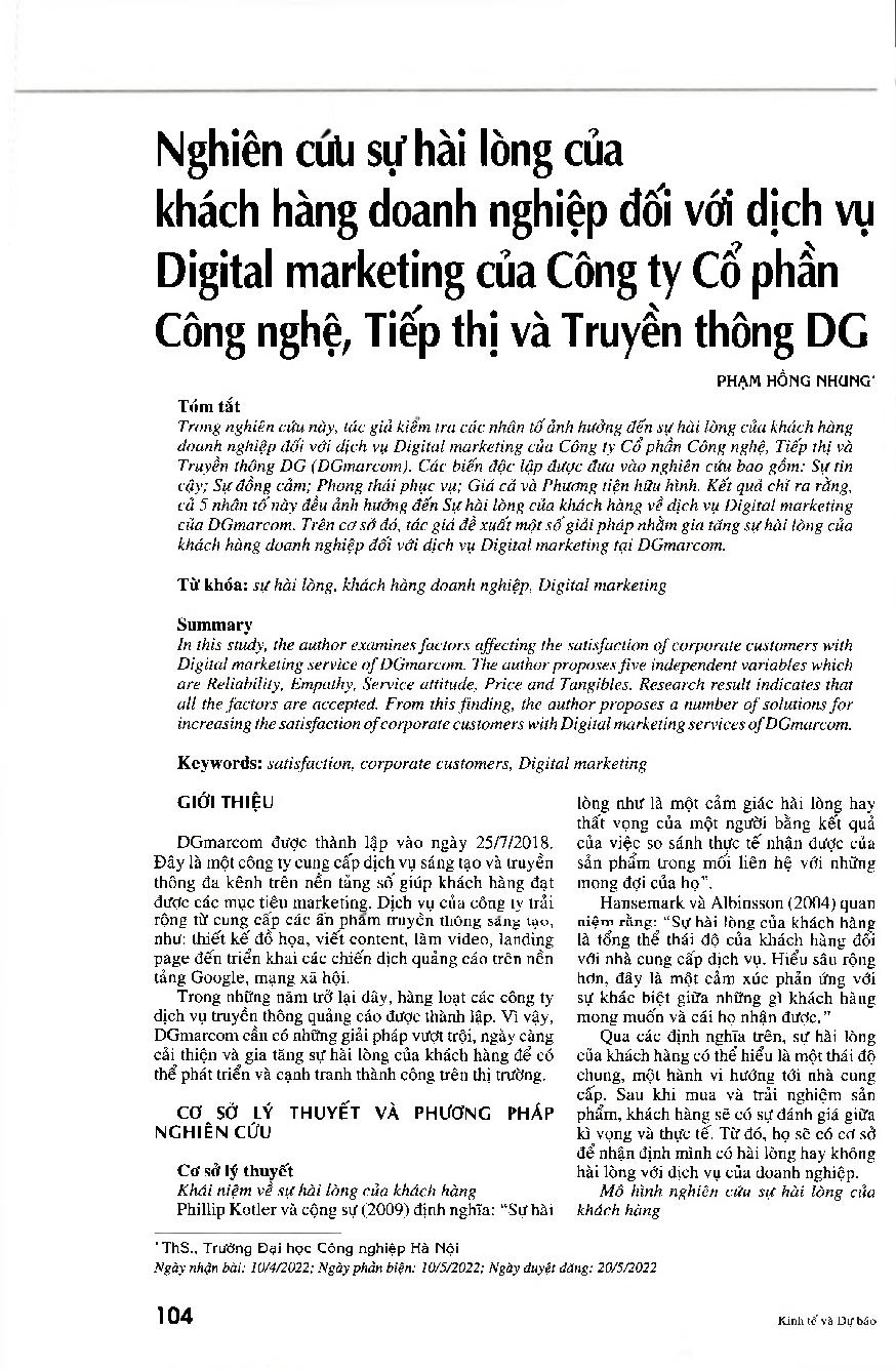 Nghiên cứu sự hài lòng của khách hàng doanh nghiệp đối với dịch vụ Digital marketing của Công ty cổ phần Công nghệ, Tiếp thị và Truyền thông DG = A research on the satisfaction of corporate customers with Digital marketing services of DGmarcom