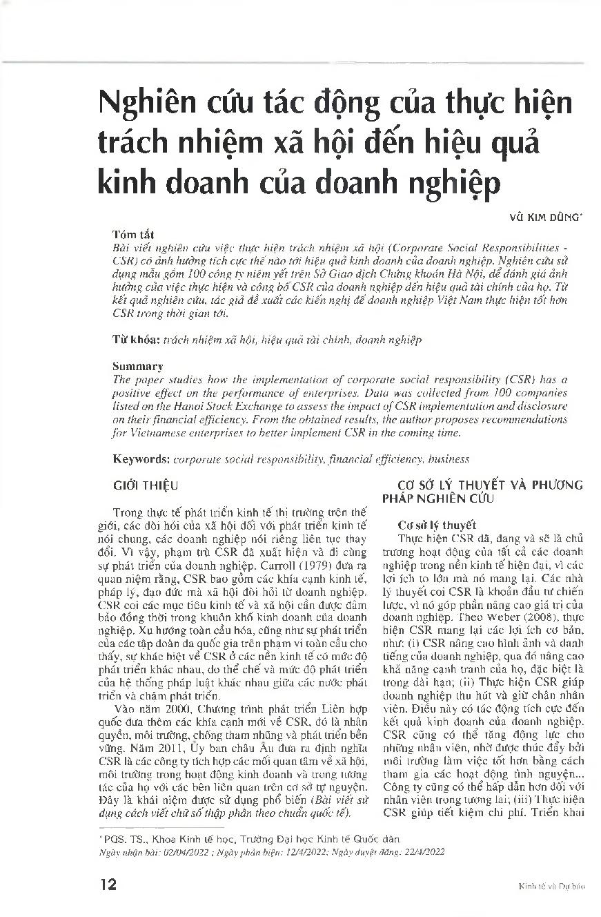 Nghiên cứu tác động của thực hiện trách nhiệm xã hội đến hiệu quả kinh doanh của doanh nghiệp = A study on the impact of implementing corporate social responsibility on the performance of enterprises