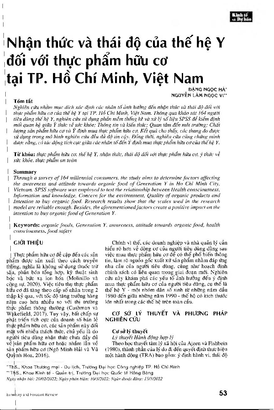 Nhận thức và thái độ của thế hệ Y đối với thực phẩm hữu cơ tại TP. Hồ Chí Minh, Việt Nam = Perception and attitude towards organic food of Generation Y in Ho Chi Minh City, Vietnam