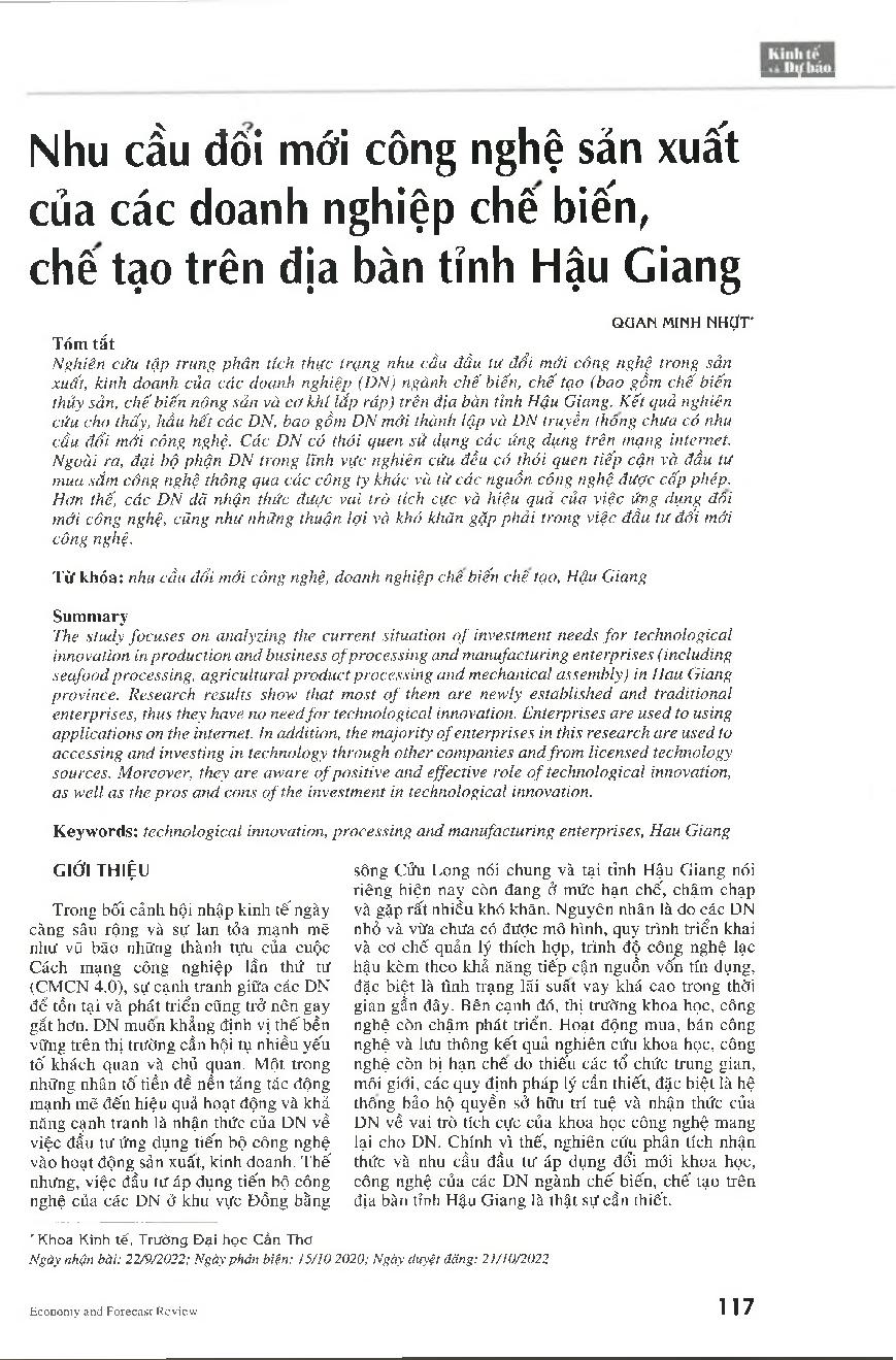 Nhu cầu đổi mới công nghệ sản xuất của các doanh nghiệp chế biến, chế tạo trên địa bàn tỉnh Hậu Giang = The need for innovate production technology of processing and manufacturing enterprises in Hau Giang province
