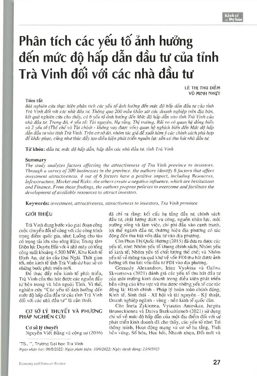 Phân tích các yếu tố ảnh hưởng đến mức độ hấp dẫn đầu tư của tỉnh Trà Vinh đối với các nhà đầu tư = Analysis offactors affecting the attractiveness ofTra Vinh province to investors