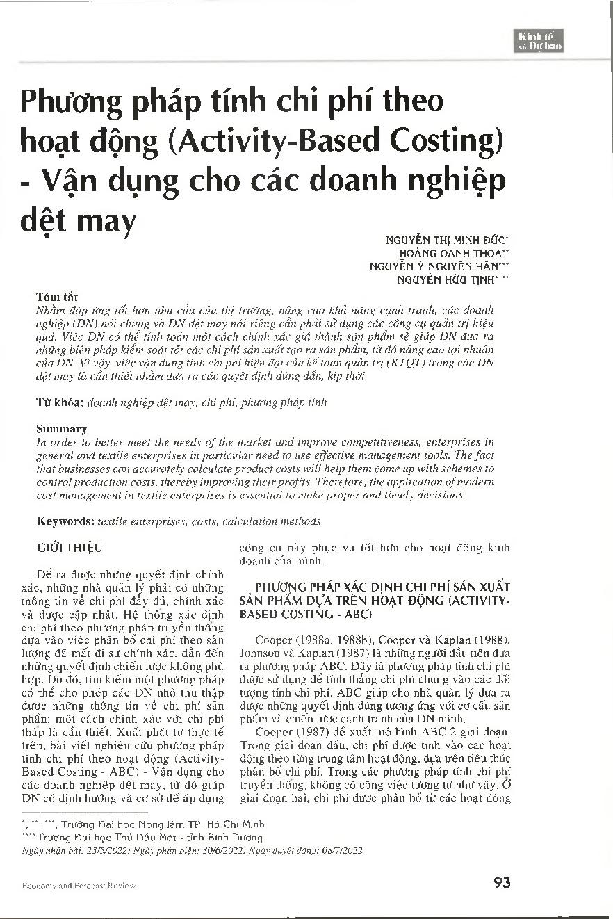 Phương pháp tính chi phí theo hoạt động (Activity-Based Costing) - Vận dụng cho các doanh nghiệp dệt may = Application of ABC method in textile enterprises