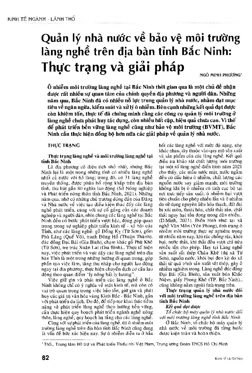 Quản lý nhà nước về bảo vệ môi trường làng nghề trên địa bàn tỉnh Bắc Ninh: Thực trạng và giải pháp