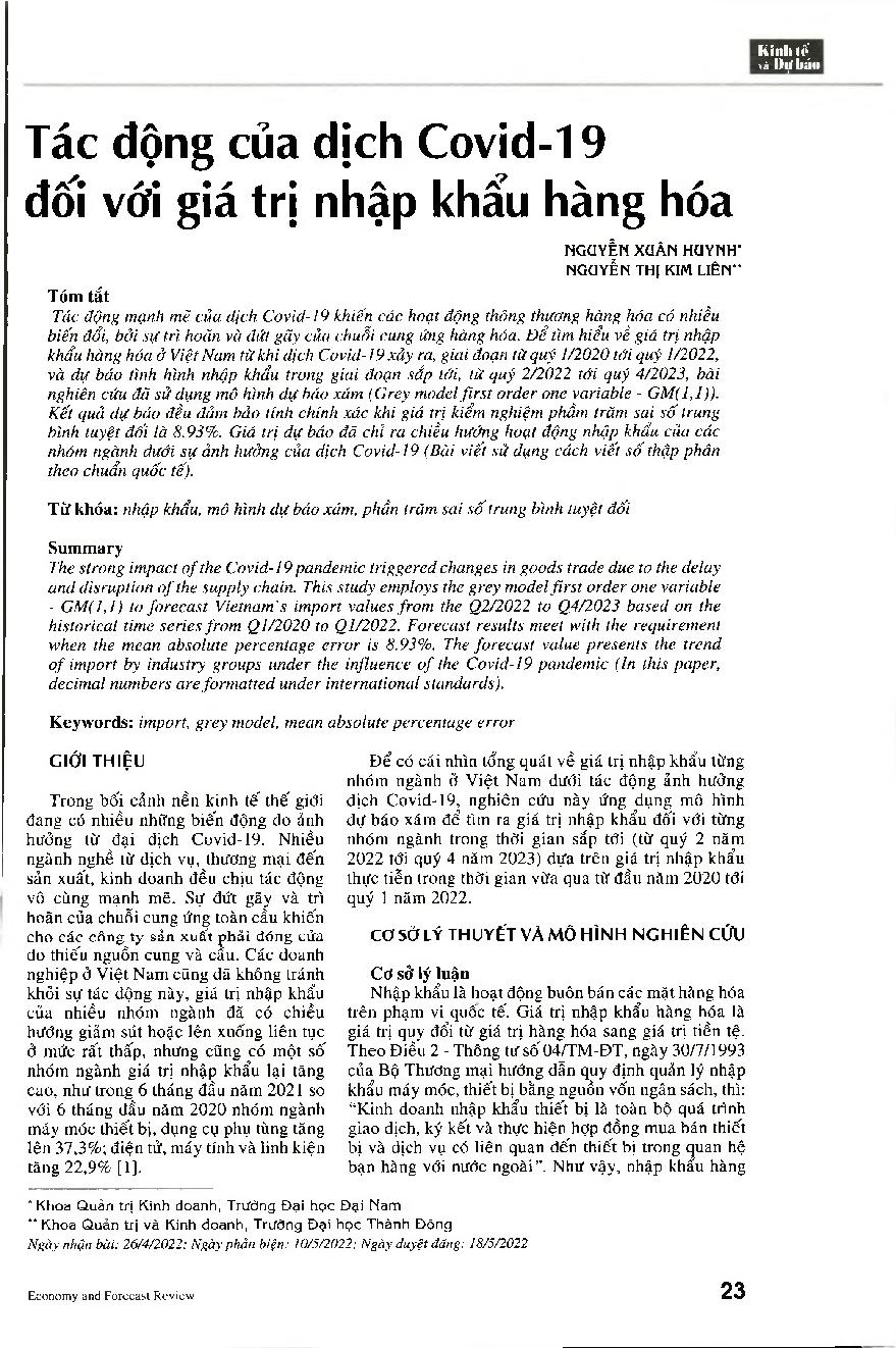 Tác động của dịch Covid-19 đối với giá trị nhập khẩu hàng hóa = Impact of the Covid-19 pandemic on the import value