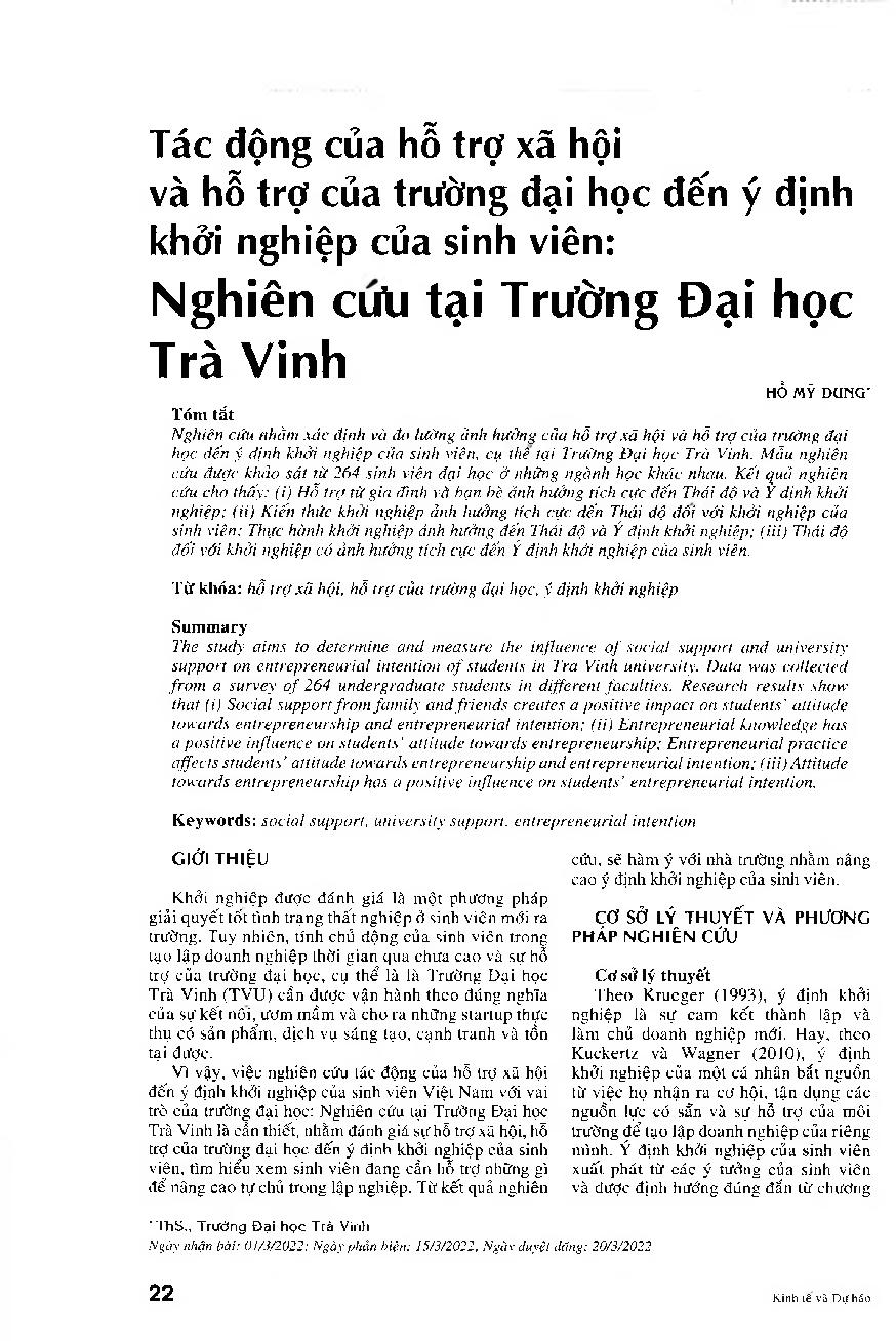 Tác động của hỗ trợ xã hội và hỗ trợ của trường đại học đến ý định khởi nghiệp của sinh viên: Nghiên cứu tại Trường Đại học Trà Vinh = Impact of social support and university support on students’ entrepreneurial intention: The case study of Tra Vinh Unive