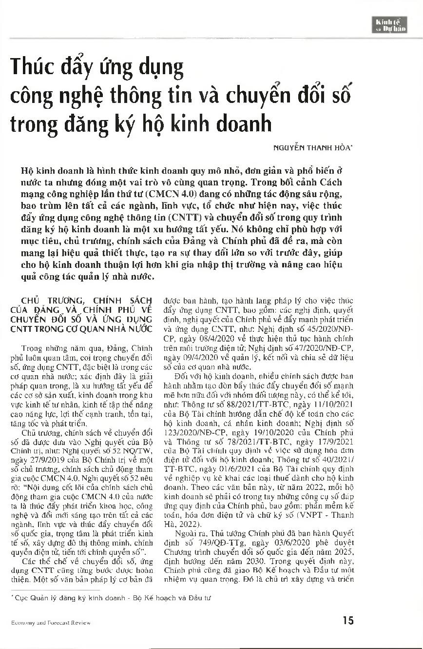 Thúc đẩy ứng dụng công nghệ thông tin và chuyển đổi số trong đăng ký hộ kinh doanh