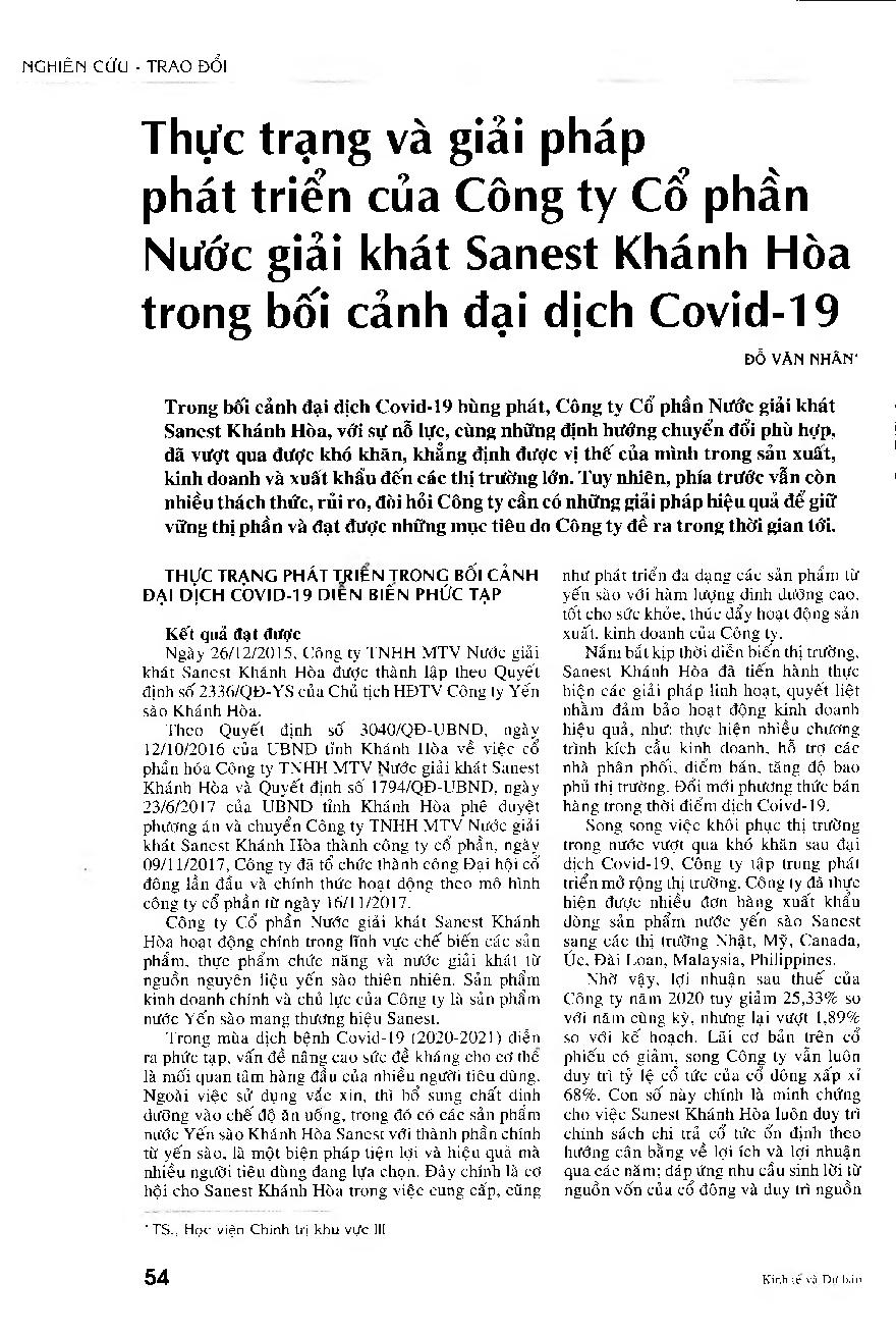 Thực trạng và giải pháp phát triển của Công ty cổ phần Nước giải khát Sanest Khánh Hòa trong bối cảnh đại dịch Covid-19