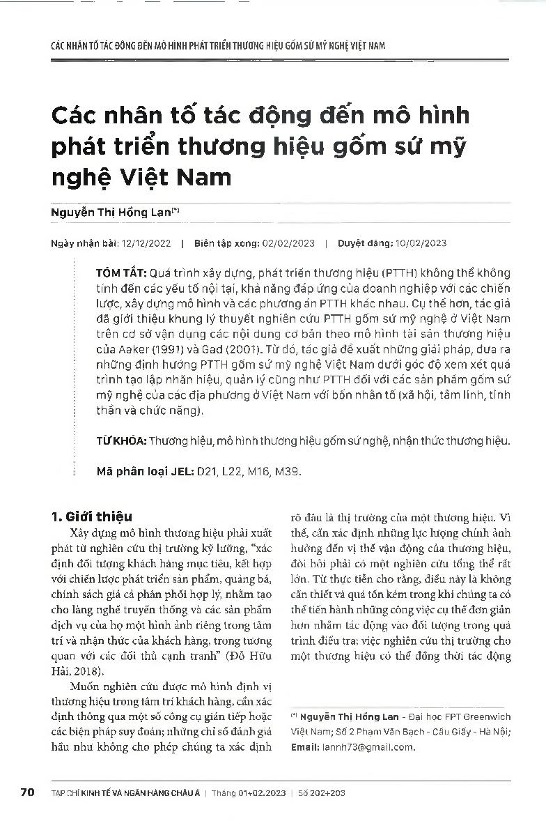 Các nhân tố tác động đến mô hình phát triển thương hiệu gốm sứ mỹ nghệ Việt Nam = Factors Impacting on Ceramic Brand Development Model in Vietnam