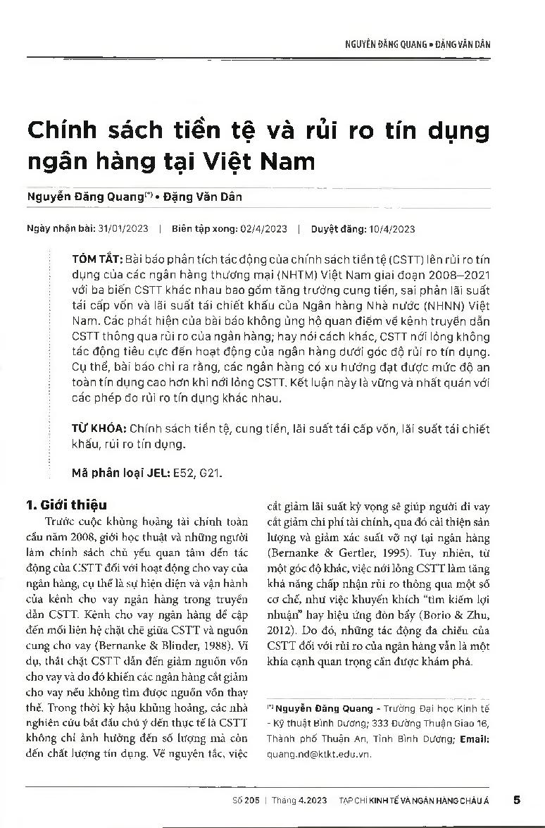Chính sách tiền tệ và rủi ro tín dụng ngân hàng tại Việt Nam = Monetary Policy and Bank Credit Risk in Vietnam