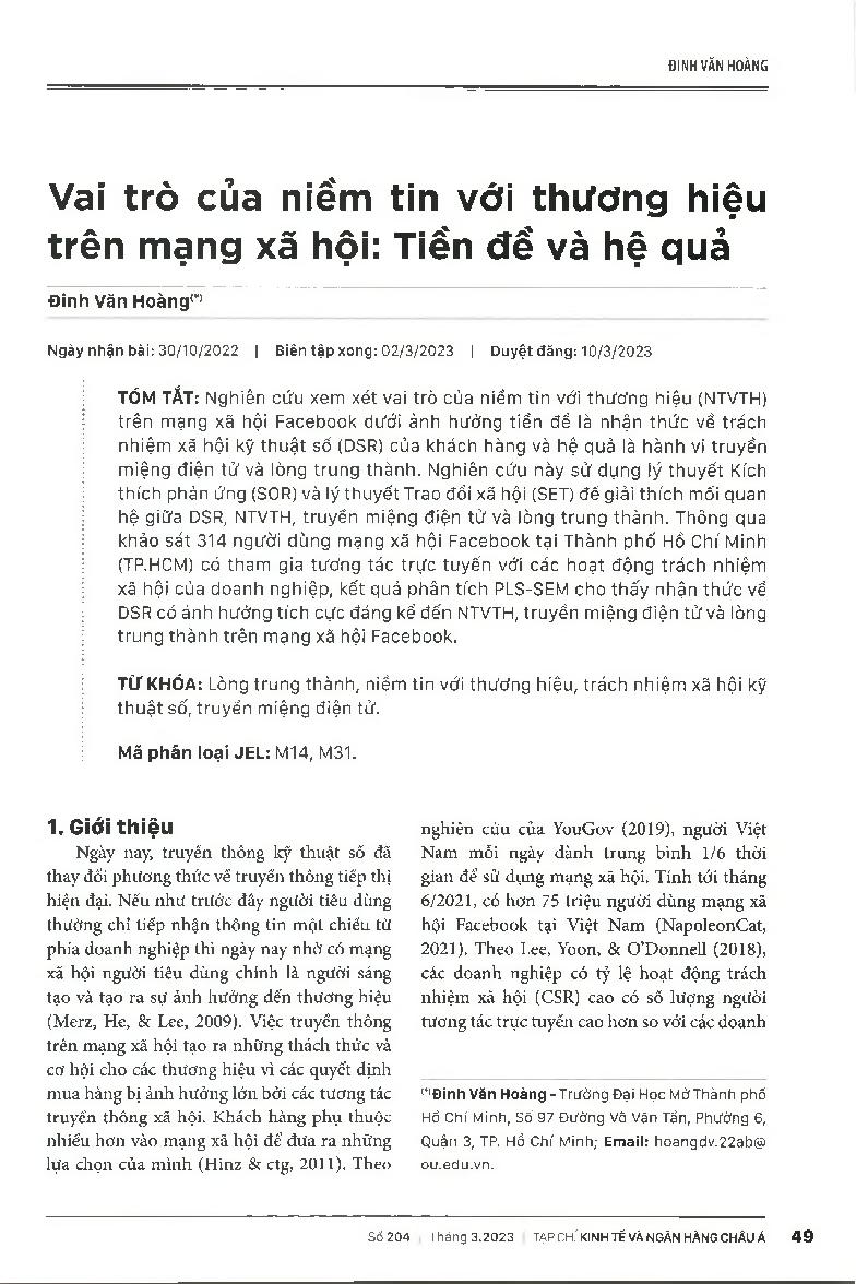 Vai trò của niềm tin với thương hiệu trên mạng xã hội: Tiền đề và hệ quả = The Role of Brand Trust on Social Networks: Antecedents and Consequences