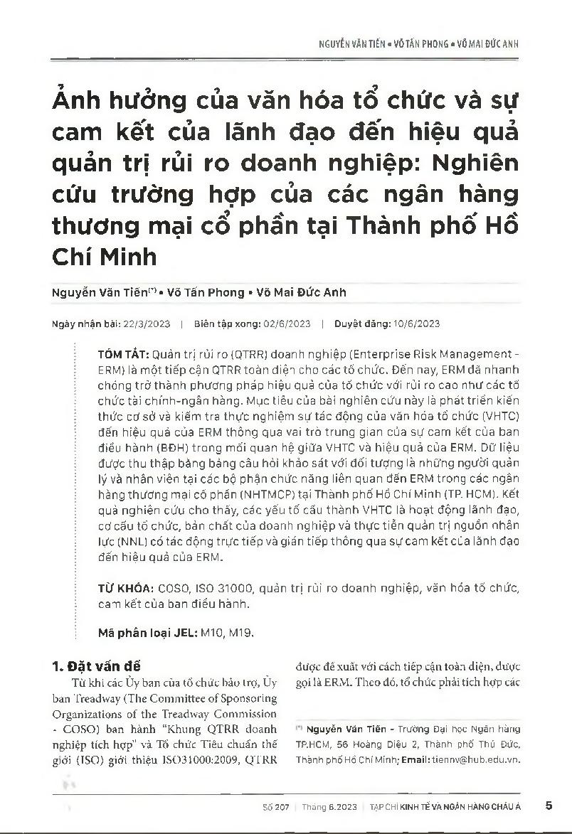 Ảnh hưởng của văn hóa tổ chức và sự cam kết của lãnh đạo đến hiệu quả quản trị rủi ro doanh nghiệp: Nghiên cứu trường hợp của các ngân hàng thương mại cổ phần tại Thành phố Hồ Chí Minh