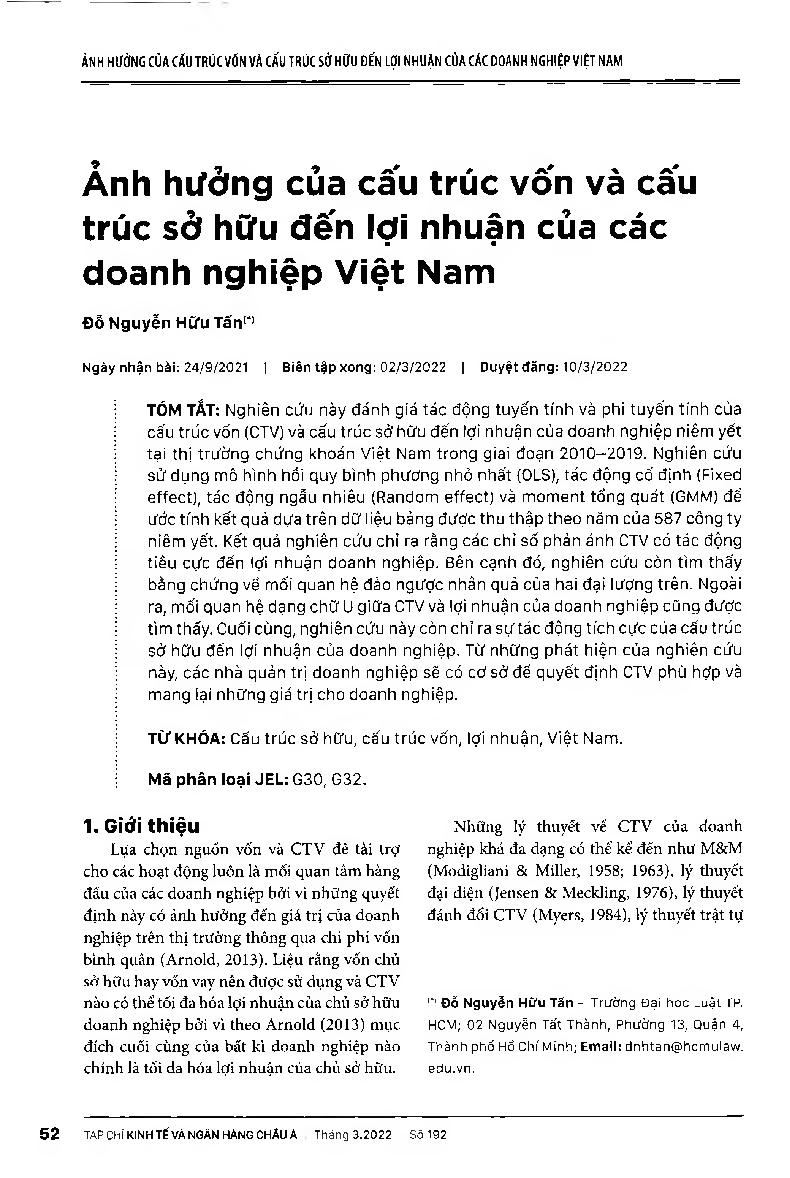 Ảnh hưởng của cấu trúc vốn và cấu trúc sở hữu đến lợi nhuận của các doanh nghiệp Việt Nam = Influences of Capital structure and Ownership structure on Profitability: Evidence from Vietnam