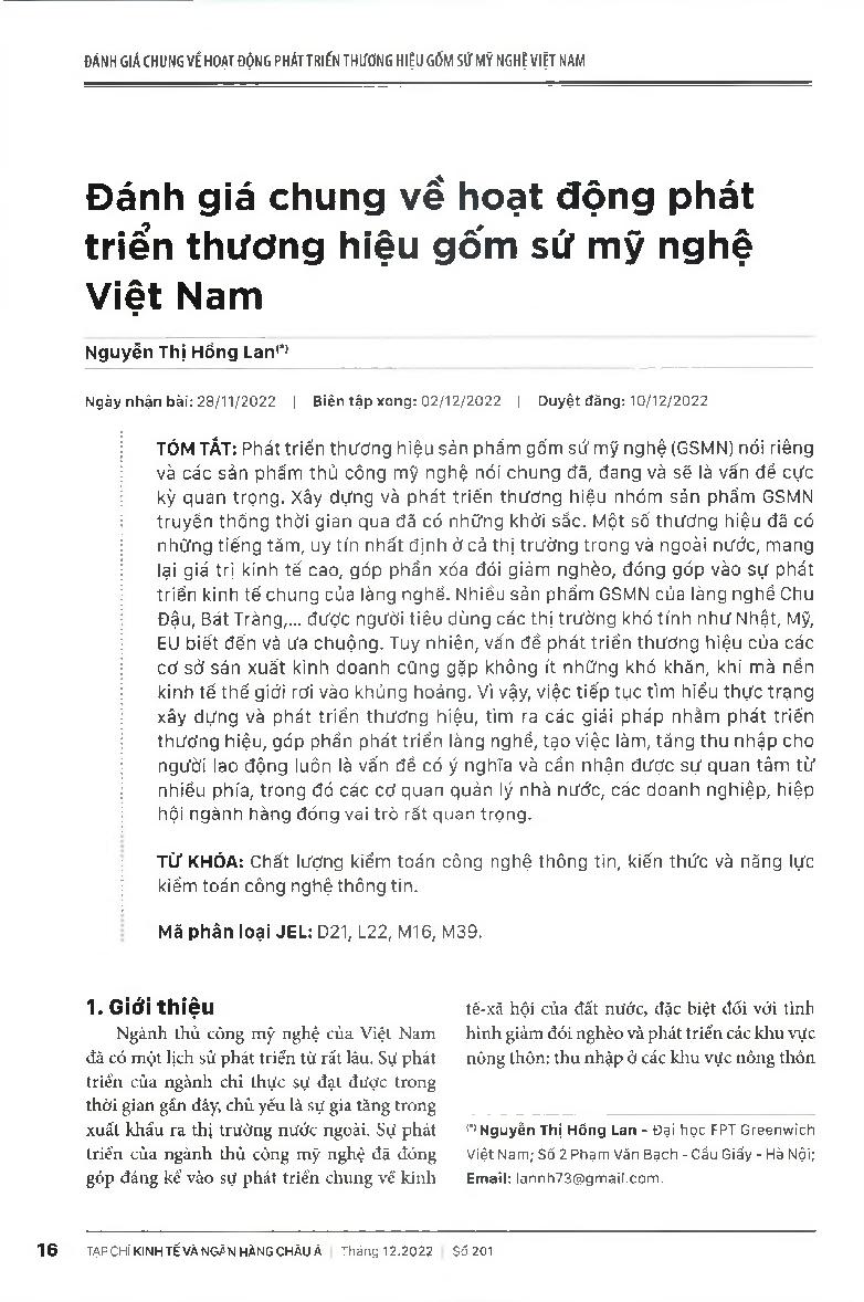 Đánh giá chung về hoạt động phát triển thương hiệu gốm sứ mỹ nghệ Việt Nam = Developing Vietnamese Fine Art Ceramics Brand: A General Assessment